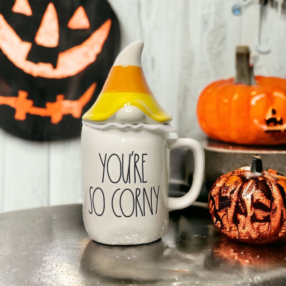Rae Dunn Halloween Coffee Cup You’re So Corny Gnome Mug w Candy Corn Topper New